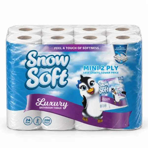 SnowSoft Mini 2-Ply Virgin Toilet Paper 24 Pack - 200 Sheets Per Roll