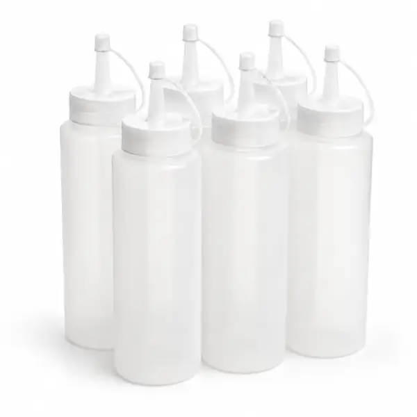Catering Prepack Bottles, 250ml Natural Plastic Squeeze Sauce Bottle, 6 Pack with Pointed Dispensing Caps