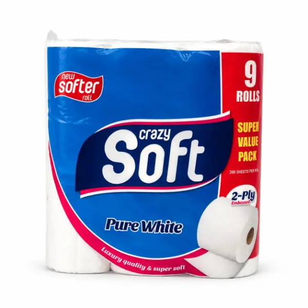 CrazySoft Mini 2-Ply Virgin Toilet Paper 9 Pack - 200 Sheets Per Roll