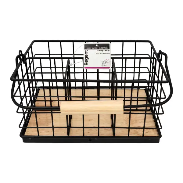 Regent Cutlery Caddy Black Wire and Wood 23 x 16cm