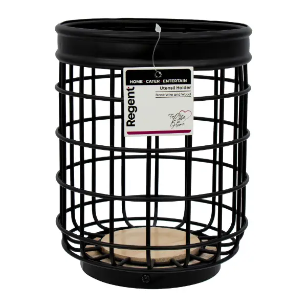 Regent Utensil Holder Black Wire and Wood 14cm